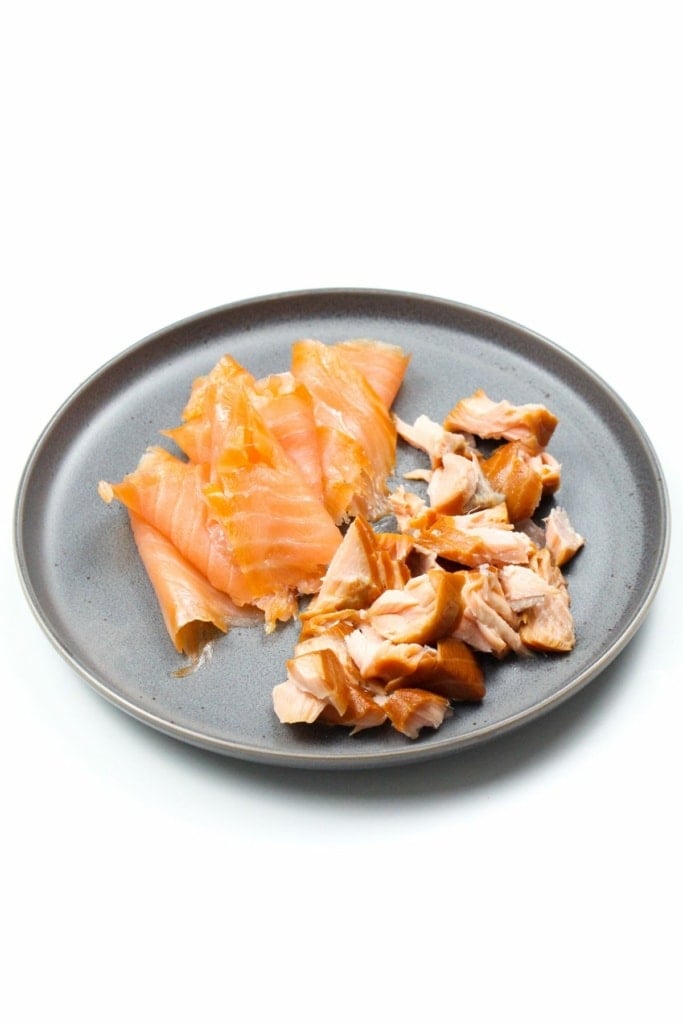 hot and cold smoked salmon on a plate