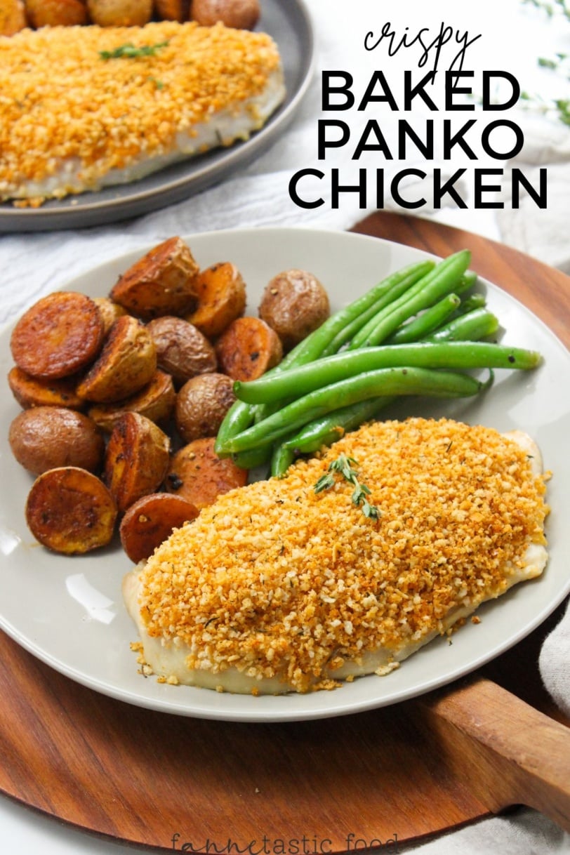 crispy baked panko crusted chicken with roasted potatoes and green beans