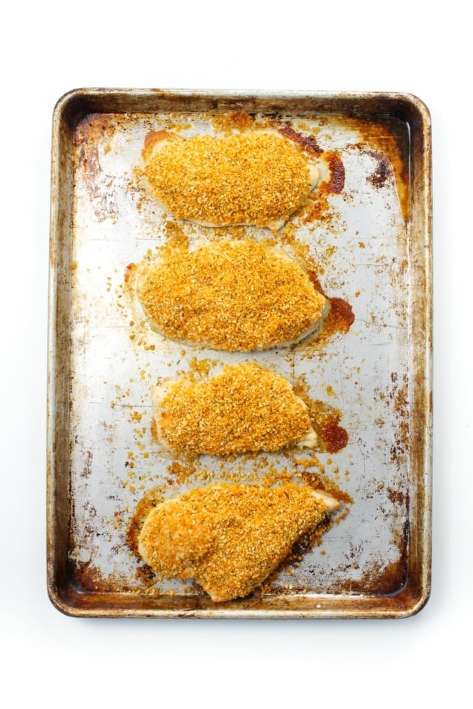 crispy baked panko chicken on a baking pan