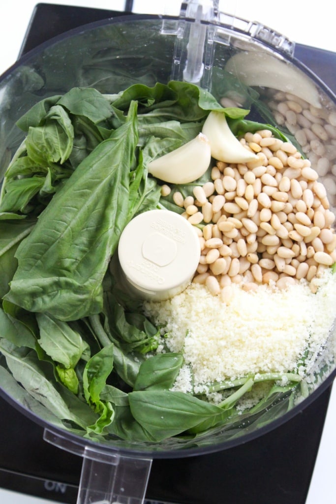 basil, pine nuts, parmesan, and garlic in a food processor