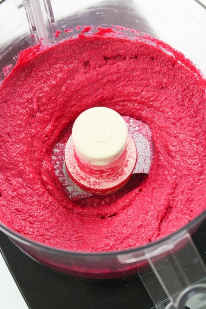 roasted beet hummus in a food processor