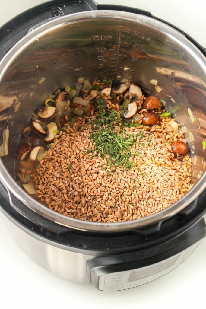 uncooked farro with sauteed vegetables
