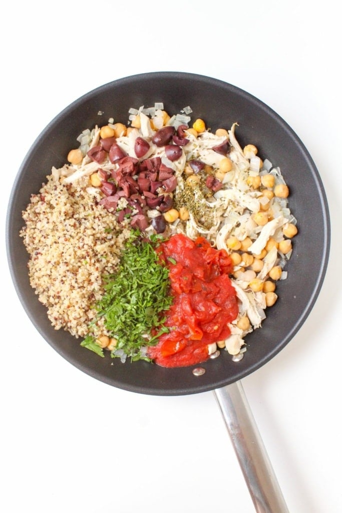 Mediterranean chicken filling for stuffed bell peppers in a skillet