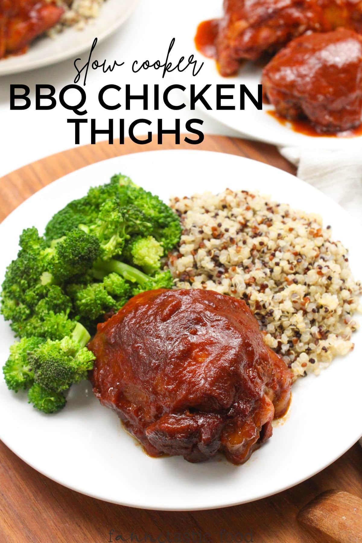 slow cooker BBQ chicken thighs with rice and broccoli
