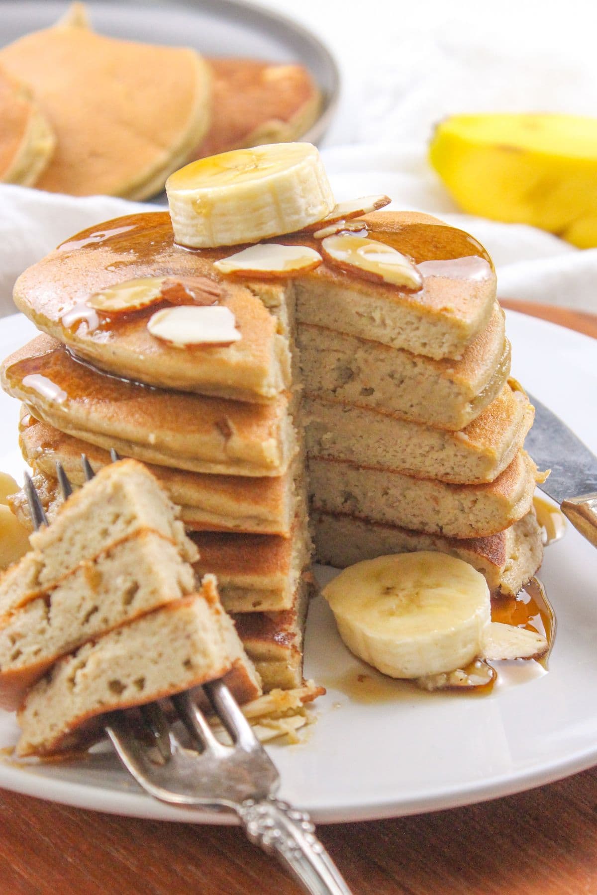 stack of banana pancakes made with almond flour