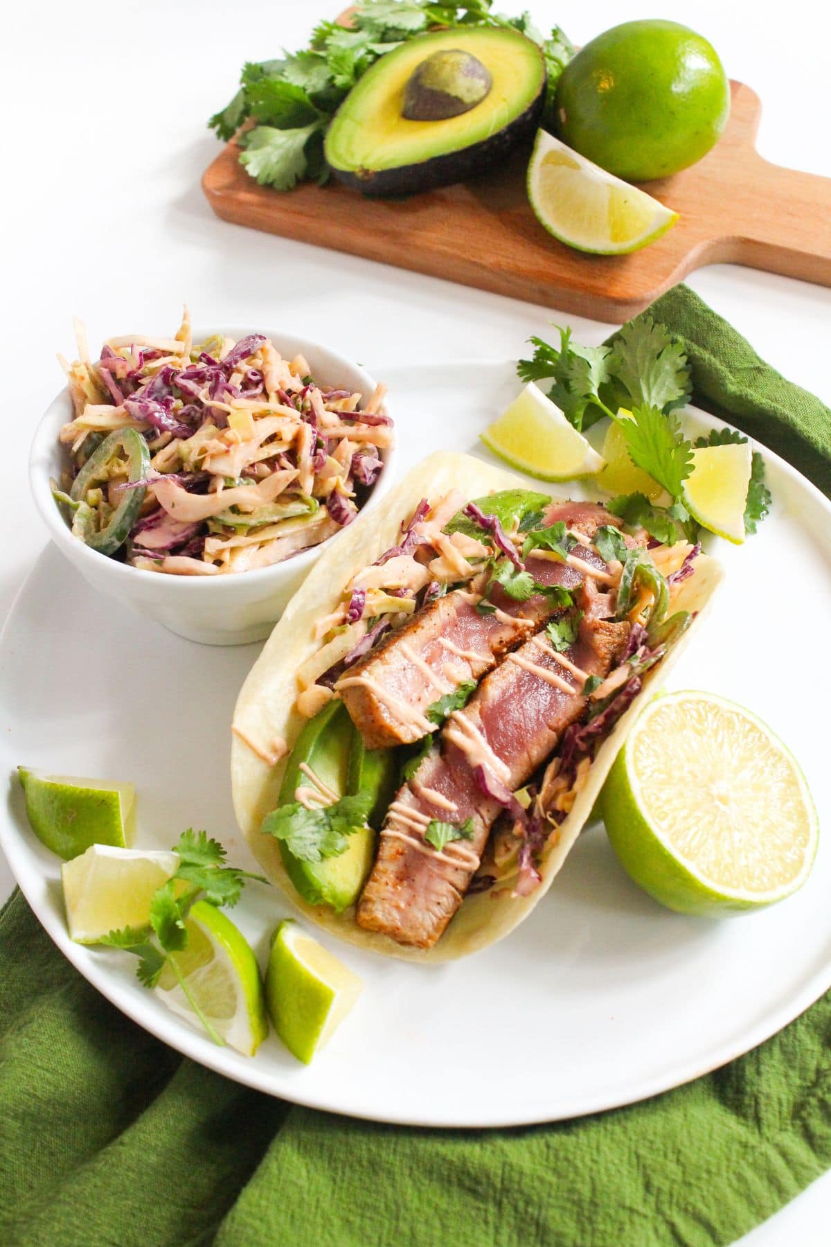 seared ahi tuna fish tacos with spicy cabbage slaw