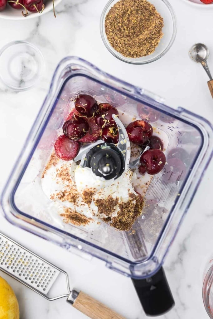 frozen fruit, Greek yogurt, and ground flax in a blender