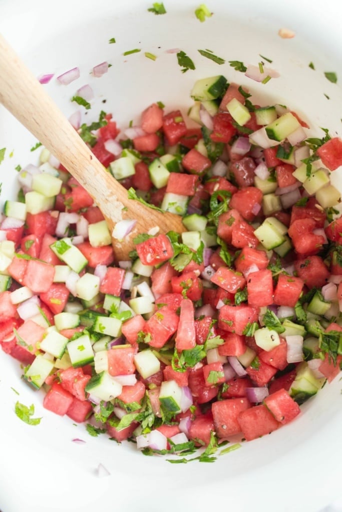 watermelon cucumber salsa in a large bowl