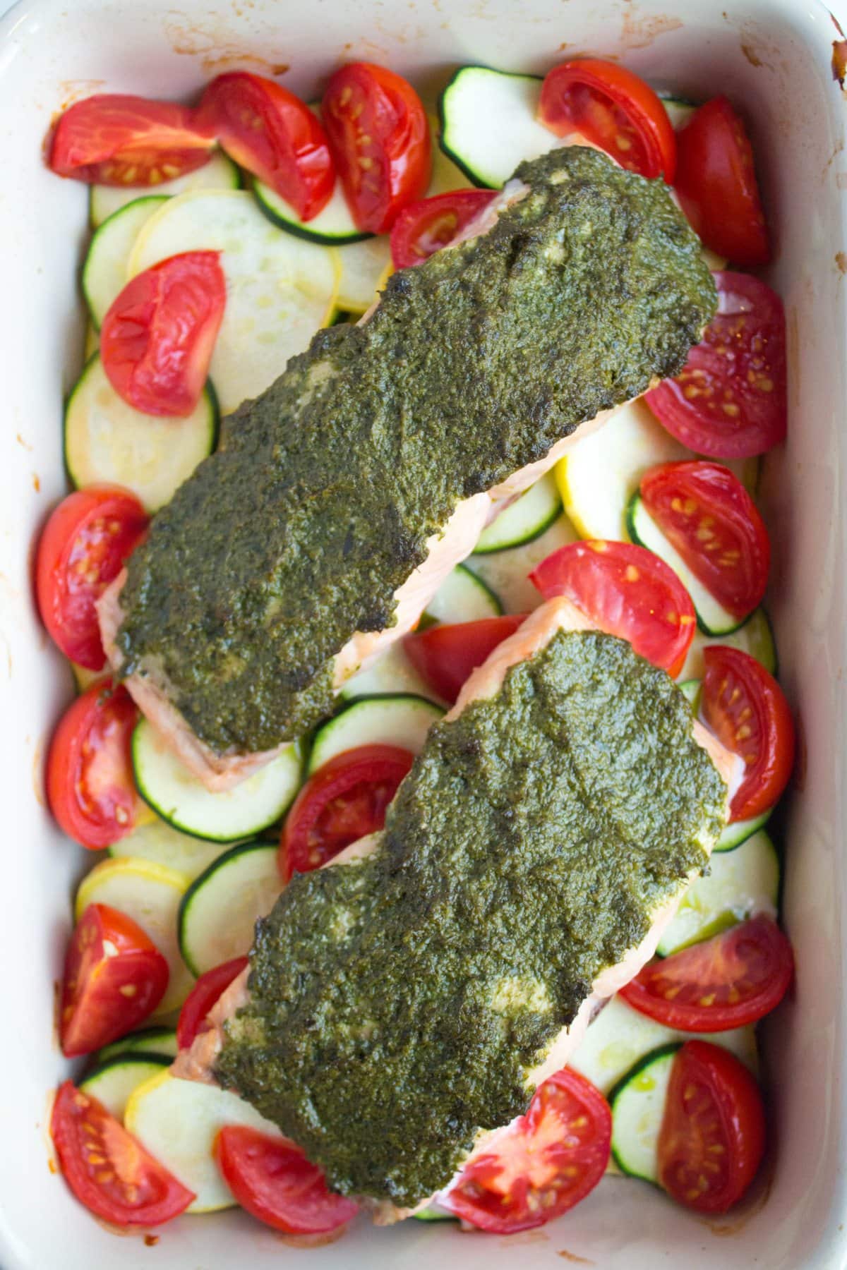 Baked Pesto Salmon with Veggies food