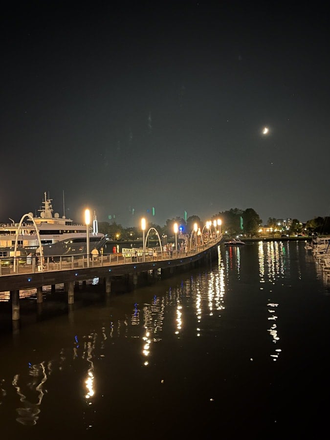 nighttime view of the water from the dc wharf