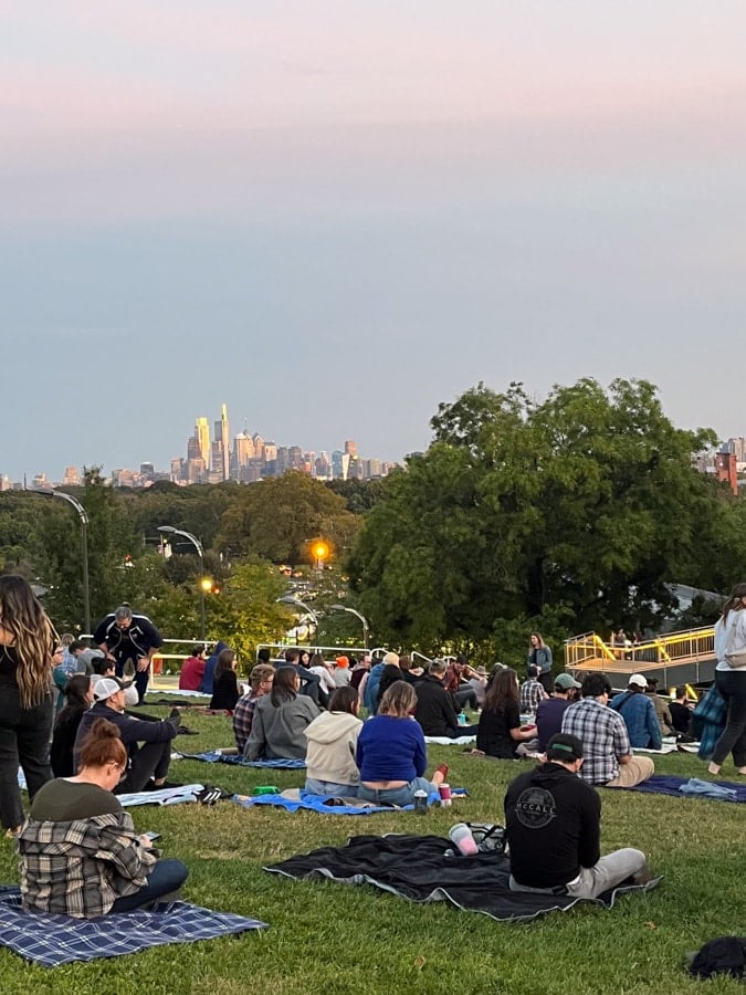 view of philadelphia at sunset from the mann center