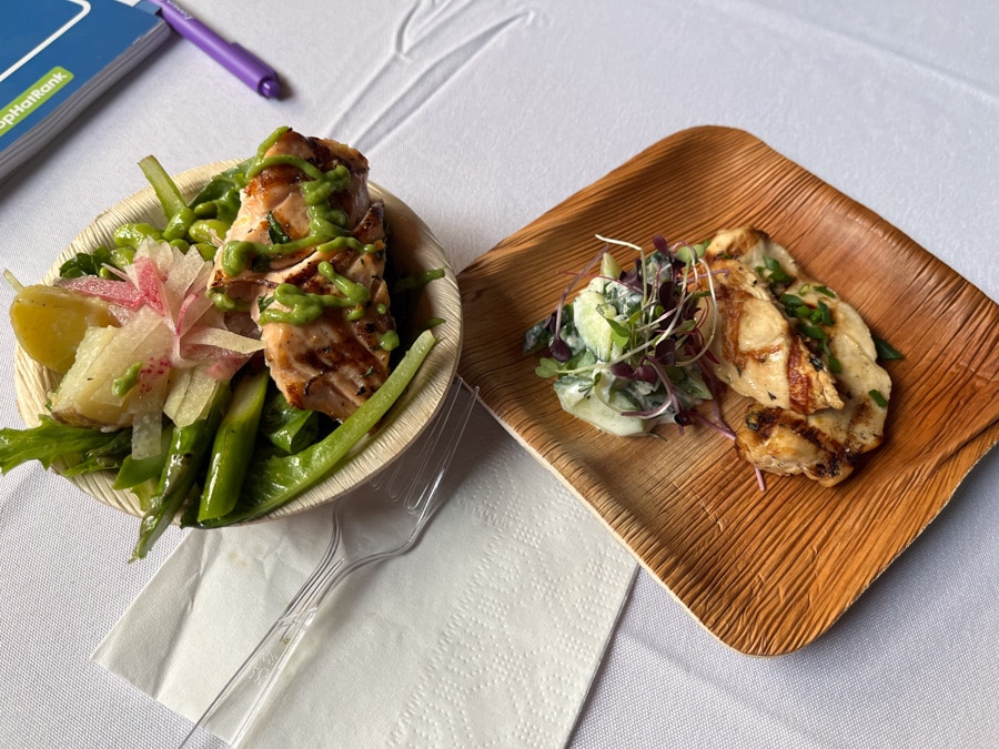 chicken with cucumber and salmon with edamame