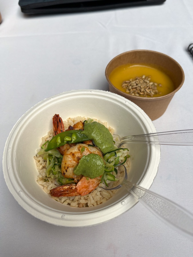 shrimp with rice and zucchini and butternut squash soup