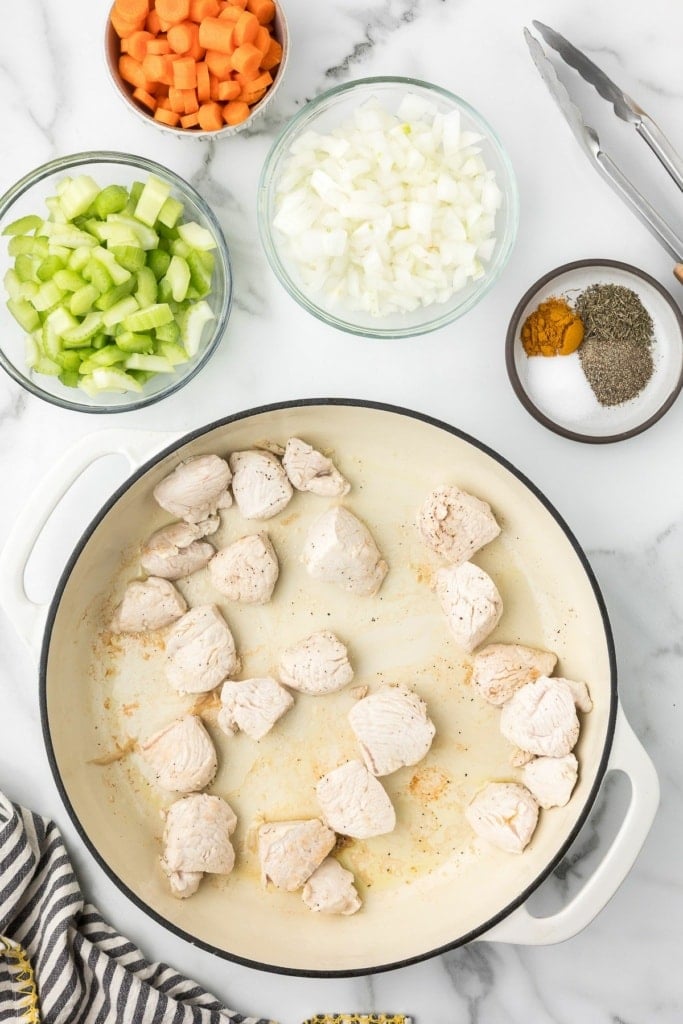 turkey breast chunks cooked in a skillet