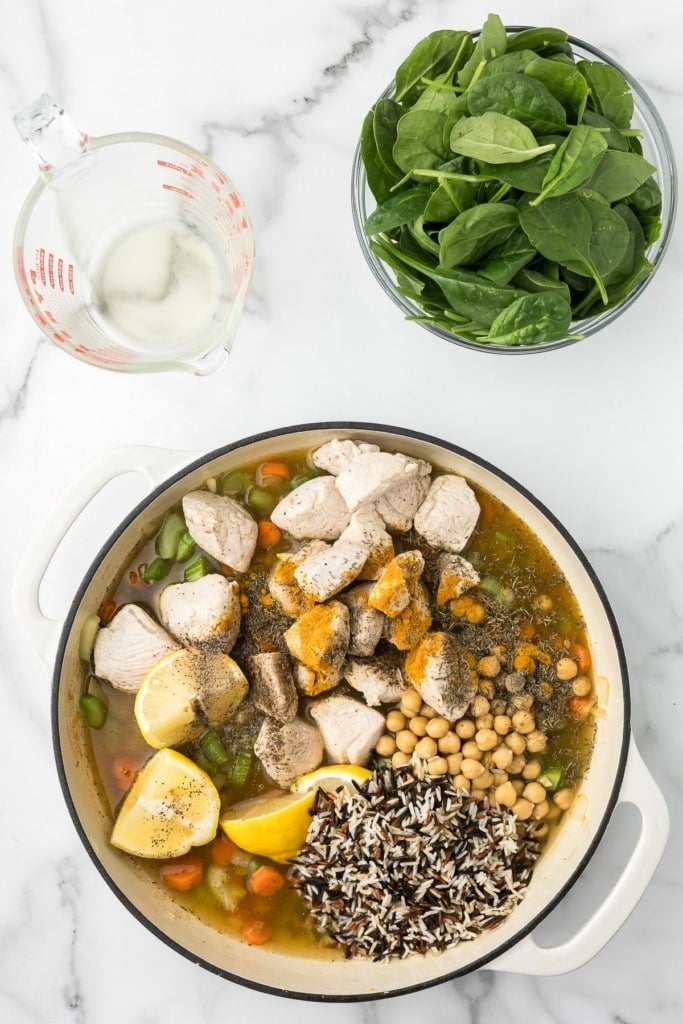 wild rice soup with vegetables in a large pot