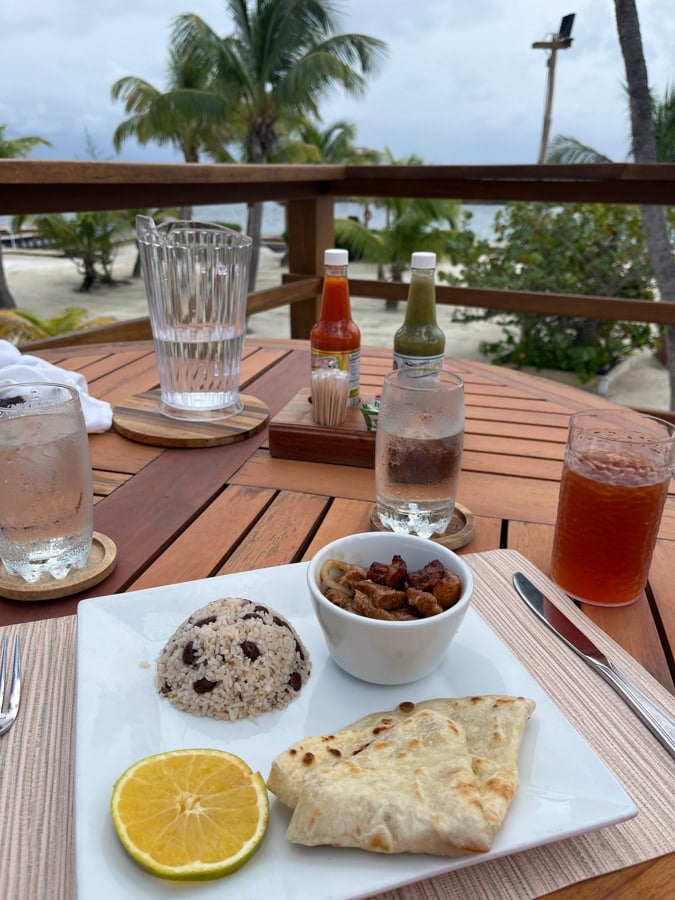 rice and beans, tortilla, chicken and plantains