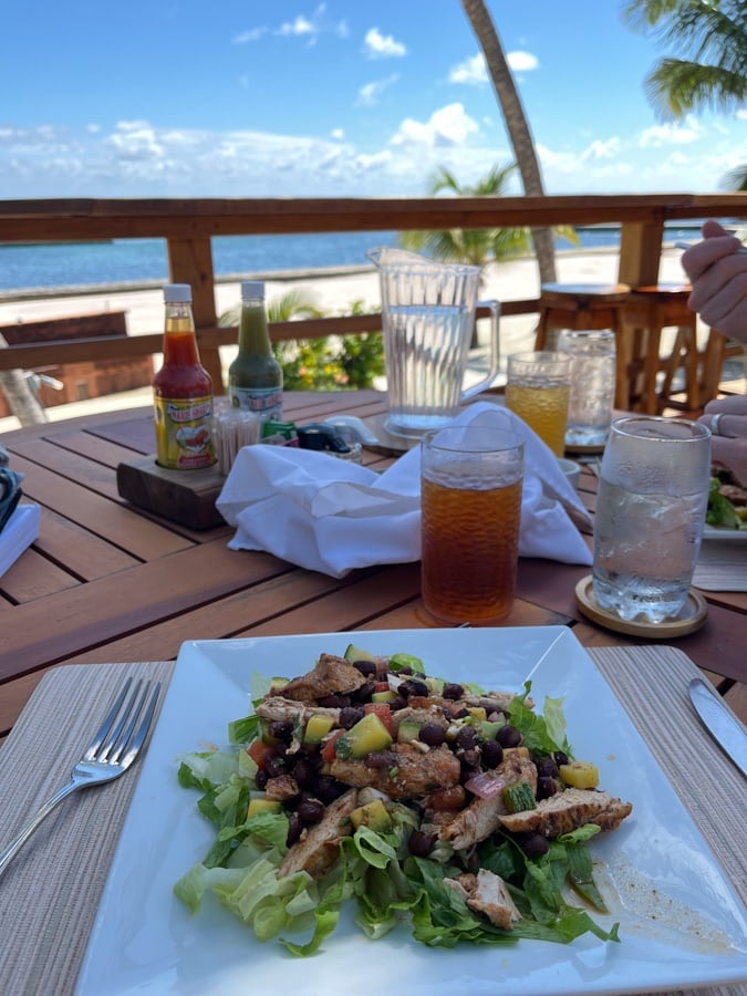 salad with chicken, black beans, avocado and veggies