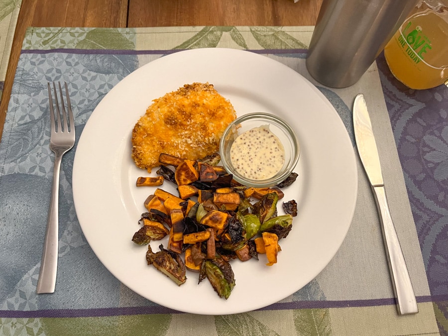 panko crusted chicken with roasted sweet potato and brussels sprouts