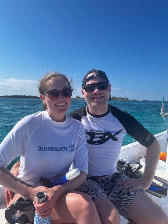 anne and matt mauney on a snorkeling boat in belize