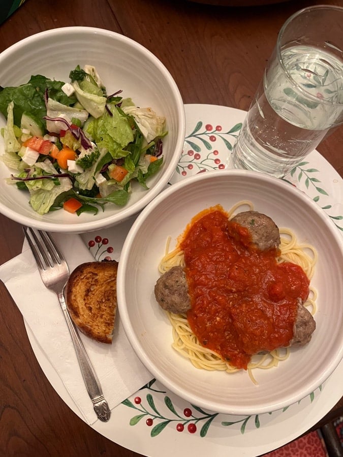 spaghetti and meatballs and salad