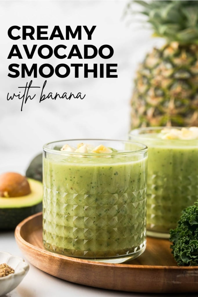 creamy dairy free avocado smoothie with banana and kale in a short glass