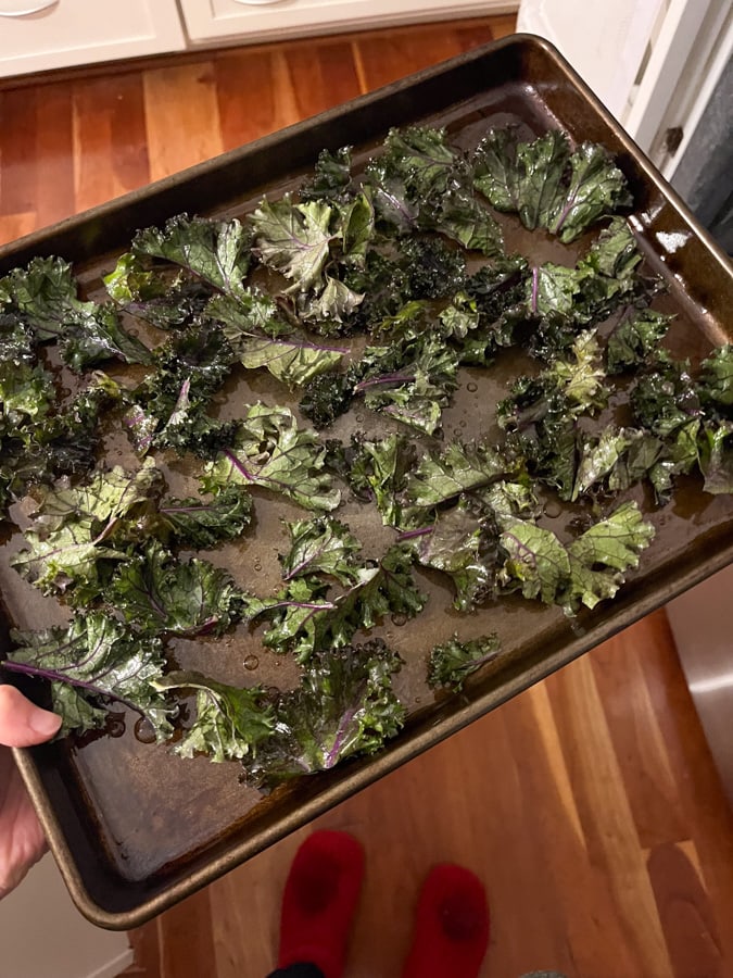 kale chips on a sheet pan