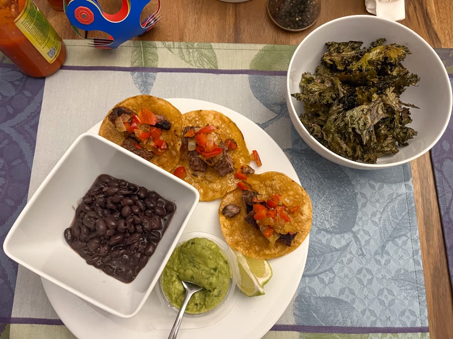 steak tacos with black beans and guacamole