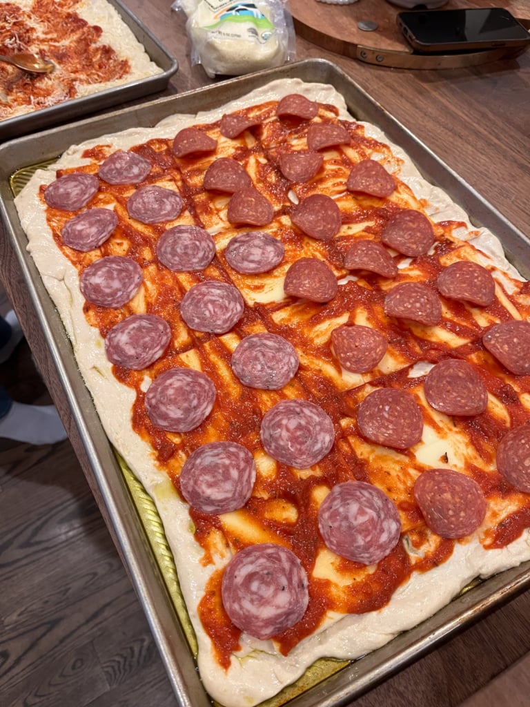 sheet pan pizza ready for the oven