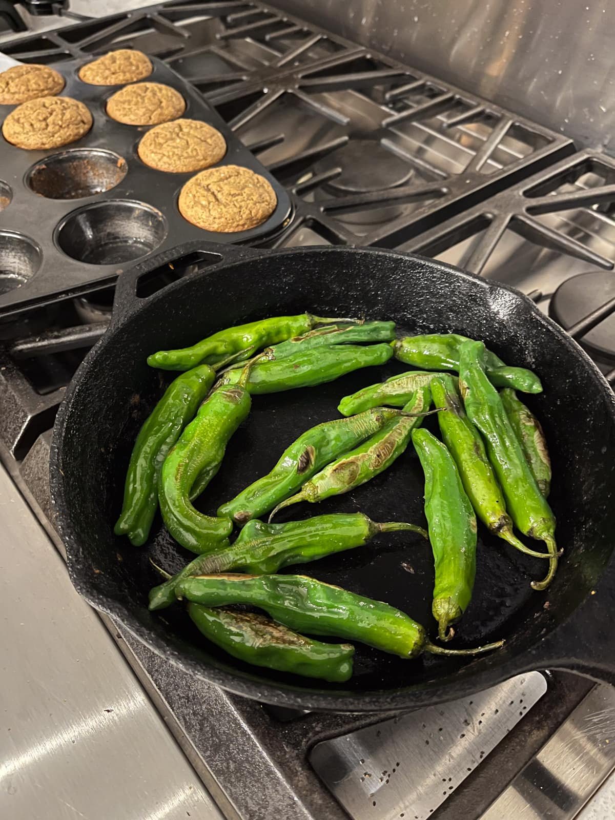 shishito peppers in a pan