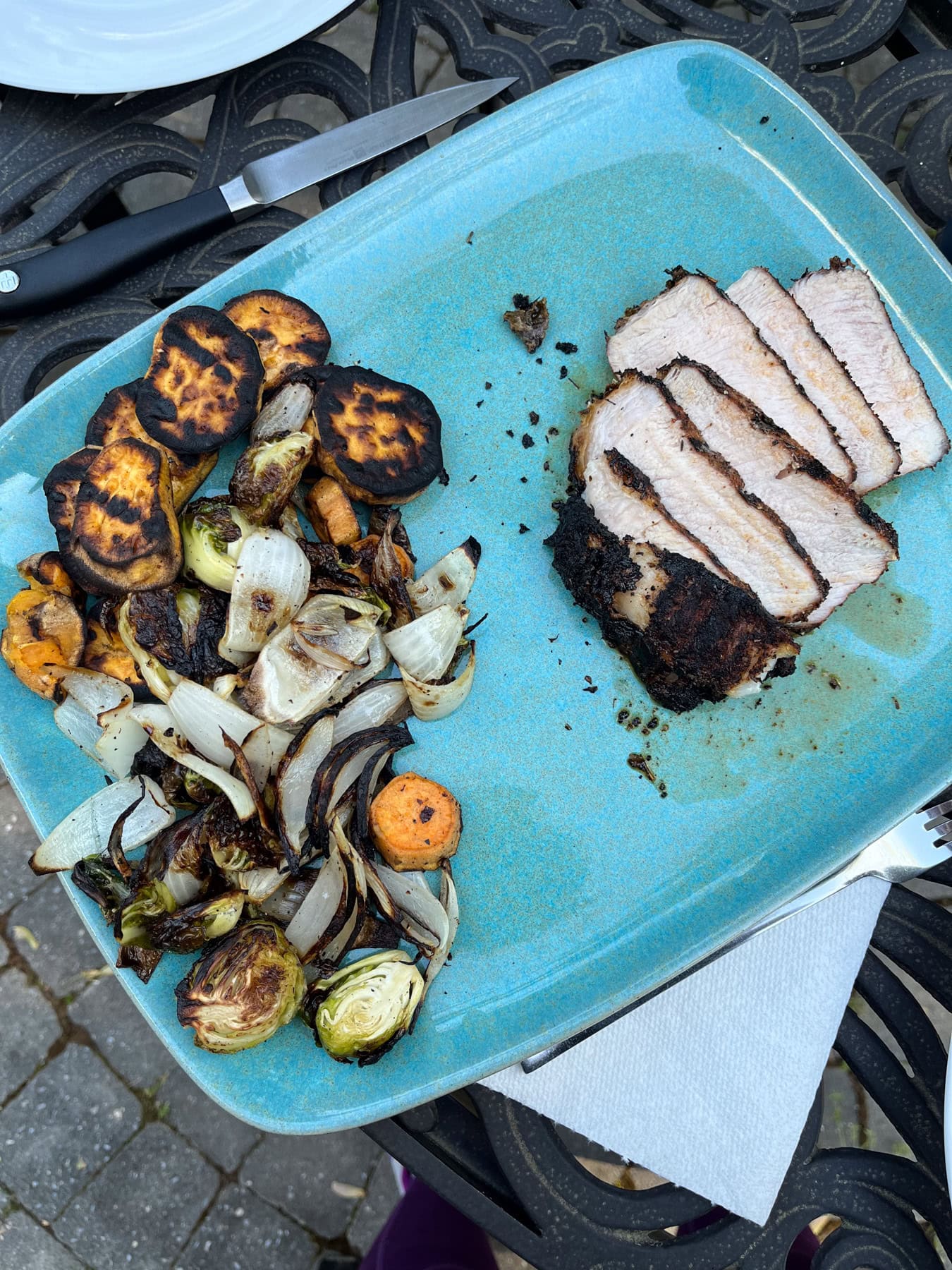 pork chops with grilled sweet potatoes and veggies